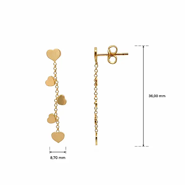 Золотые серьги-подвески с сердечками