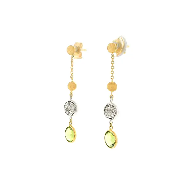 Золотые висячие серьги с зелёным камнем и цирконами