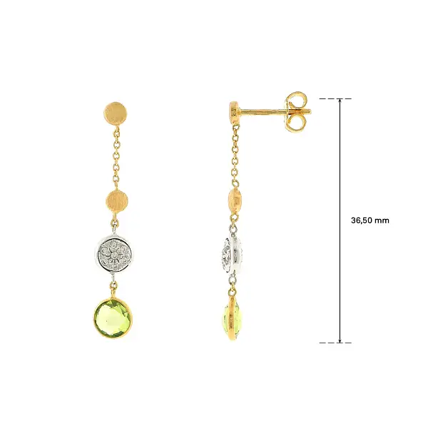 Золотые висячие серьги с зелёным камнем и цирконами