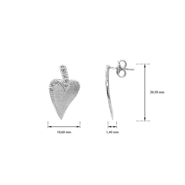 Серьги в форме сердца из белого золота с цирконами