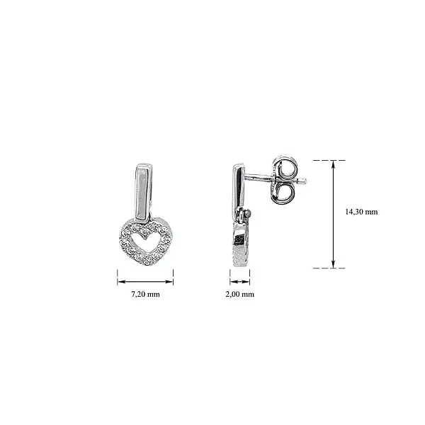 Серьги в форме сердца, украшенные цирконами из белого золота