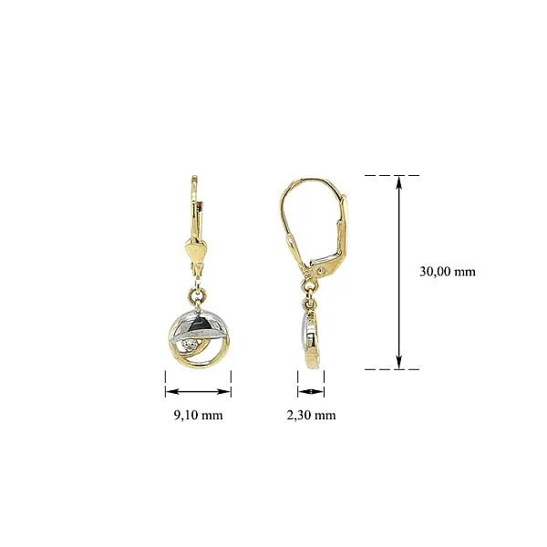 Серьги-подвески с цирконами из комбинированного золота