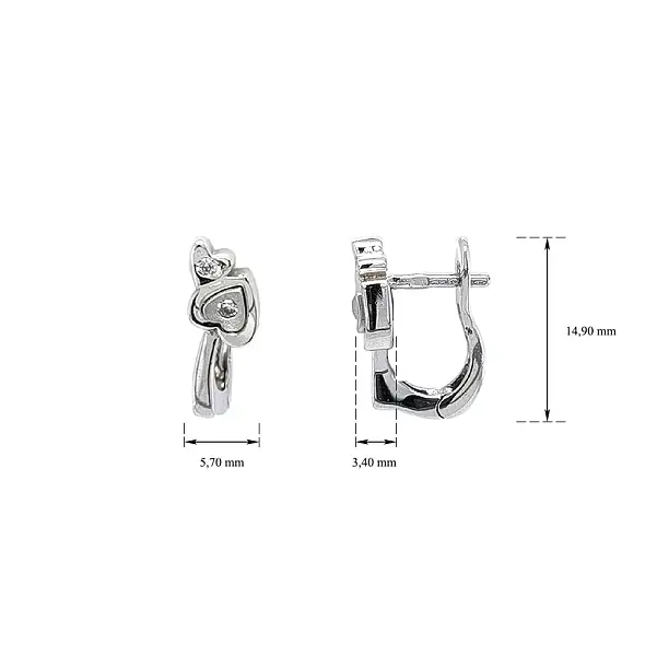 Серьги Сердце с цирконами из белого золота