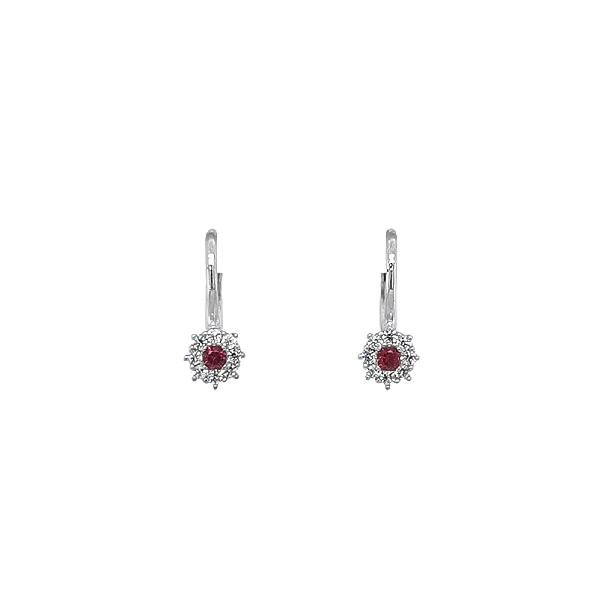 Серьги из белого золота, украшенные рубинами и мелкими цирконами