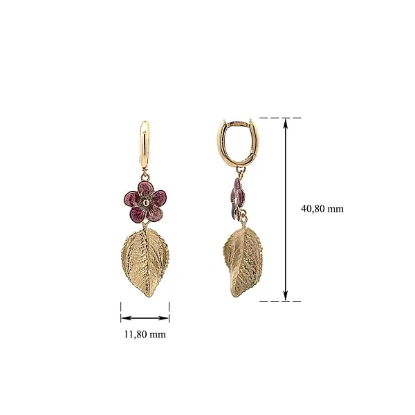 Серьги-пусеты из желтого золота с фиолетовым цветком и золотым листом